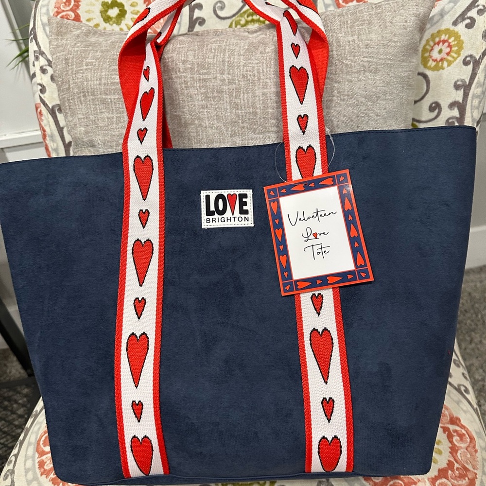 Brighton Velveteen Navy Tote Bag with Red heart Accents.